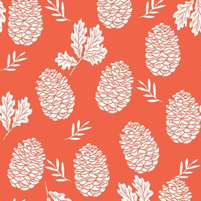 pinecone fabric // pinecone winter camping woodland linocut fabric - coral