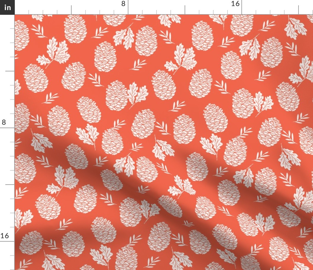 pinecone fabric // pinecone winter camping woodland linocut fabric - coral