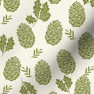 pinecone fabric // pinecone winter camping woodland linocut fabric - cream and green