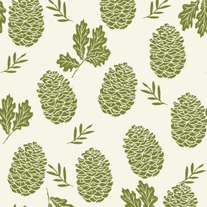 pinecone fabric // pinecone winter camping woodland linocut fabric - cream and green