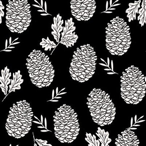 pinecone fabric // pinecone winter camping woodland linocut fabric - black