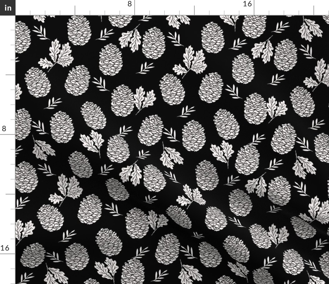 pinecone fabric // pinecone winter camping woodland linocut fabric - black