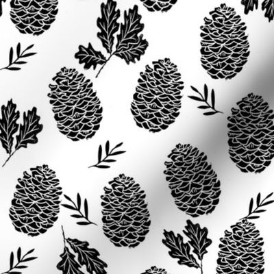 pinecone fabric // pinecone winter camping woodland linocut fabric - white