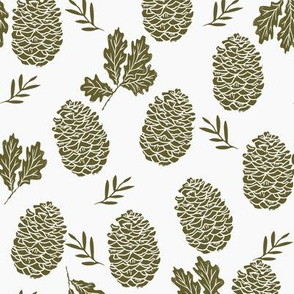 pinecone fabric // pinecone winter camping woodland linocut fabric - dark olive