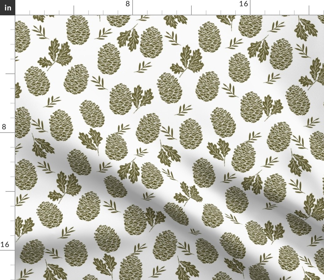 pinecone fabric // pinecone winter camping woodland linocut fabric - dark olive