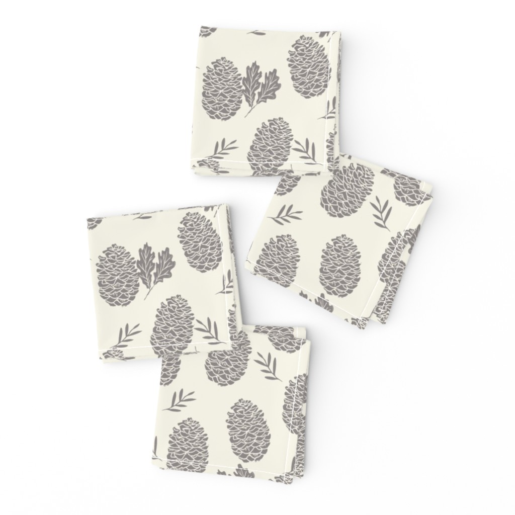 pinecone fabric // pinecone winter camping woodland linocut fabric - cream and grey