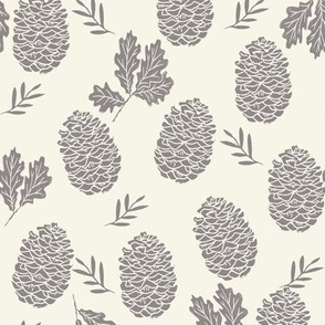 pinecone fabric // pinecone winter camping woodland linocut fabric - cream and grey