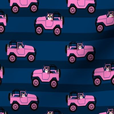 
tri corgi adventure fabric pink car and dog fabric cute corgi design - navy
