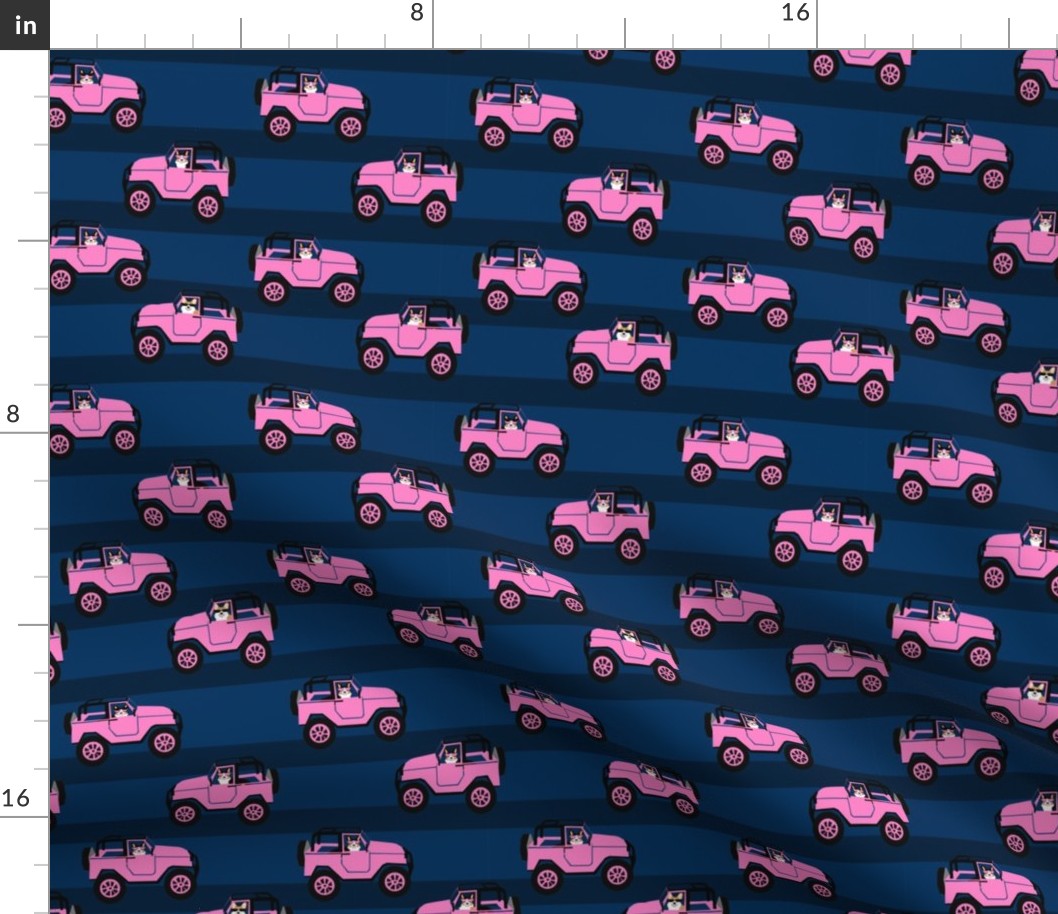 
tri corgi adventure fabric pink car and dog fabric cute corgi design - navy
