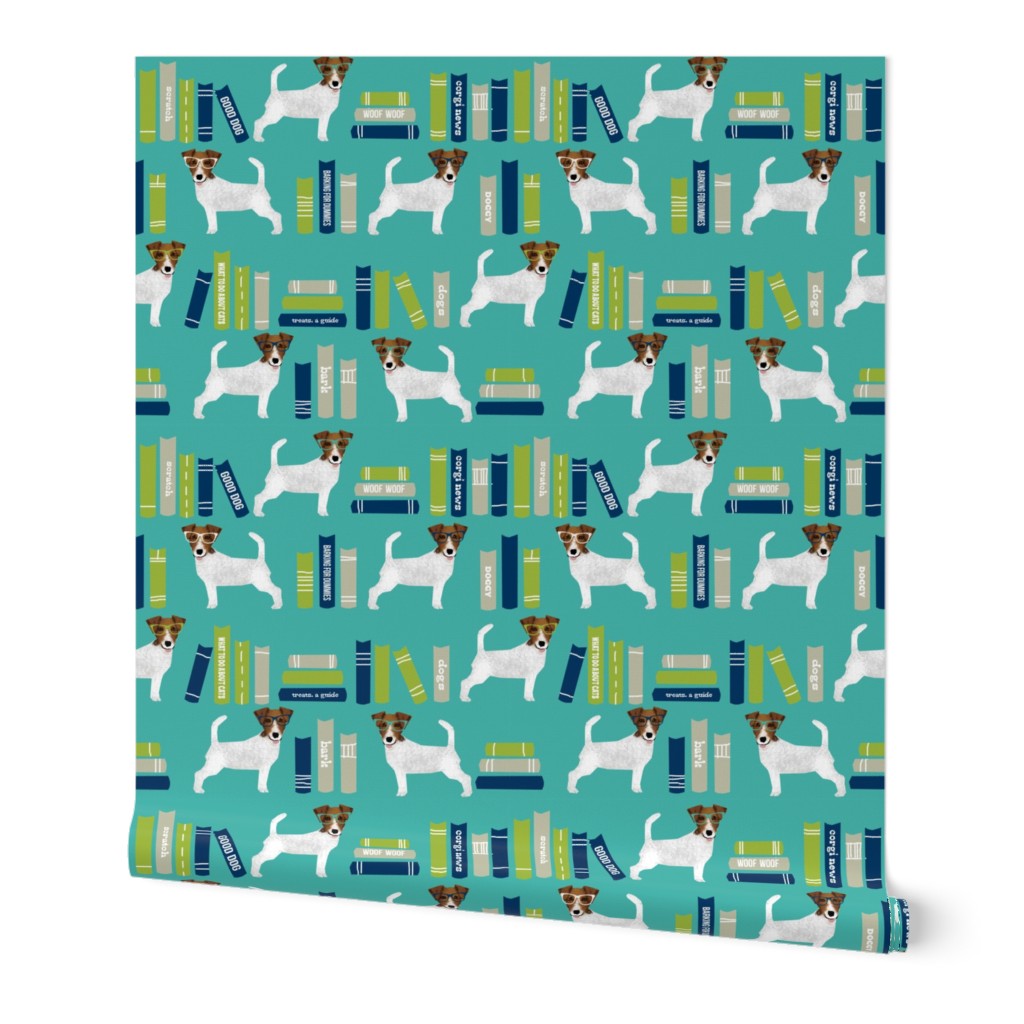 Jack Russell Terrier library books pattern teal