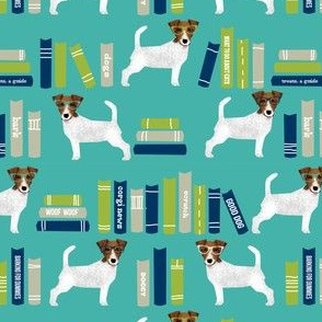 Jack Russell Terrier library books pattern teal