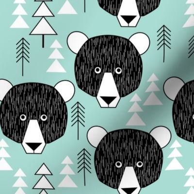 woodland bear faces and trees on teal