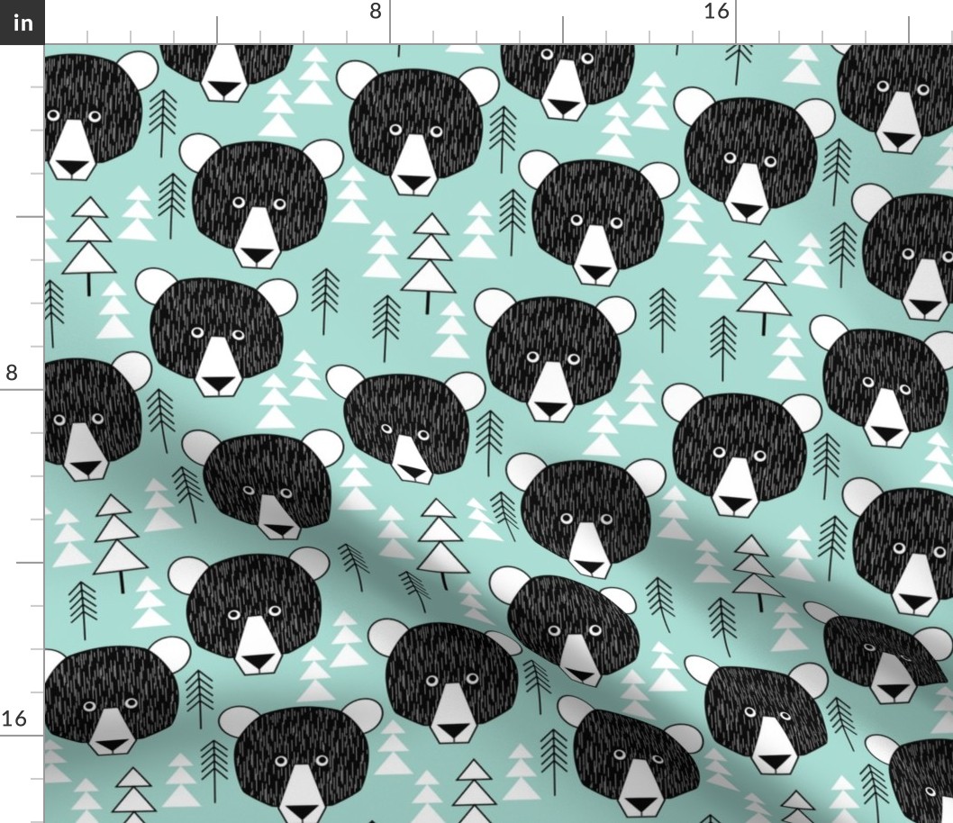 woodland bear faces and trees on teal