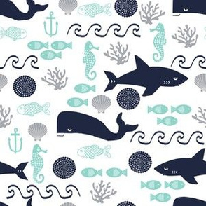 nautical shark mint and navy fabric