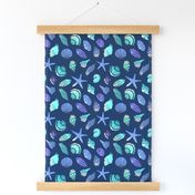 shells fabric // nautical summer shell design beach summer blue watercolor  fabric - turquoise navy