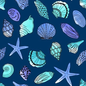 shells fabric // nautical summer shell design beach summer blue watercolor  fabric - turquoise navy