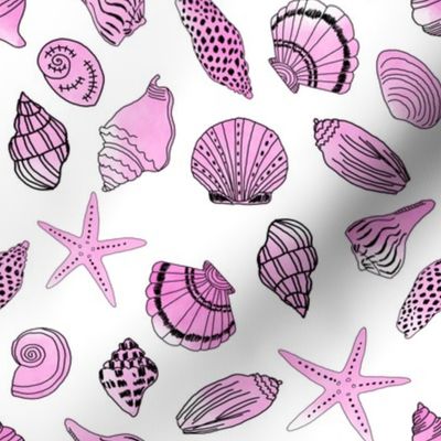 shells fabric // nautical summer shell design beach summer blue watercolor  fabric - pink