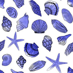 shells fabric // nautical summer shell design beach summer blue watercolor  fabric - blue