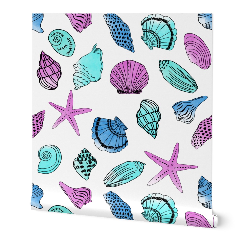 shells fabric // nautical summer shell design beach summer blue watercolor  fabric - mint purple