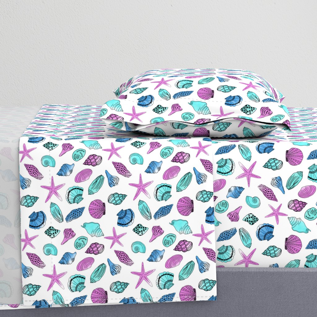 shells fabric // nautical summer shell design beach summer blue watercolor  fabric - mint purple