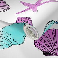 shells fabric // nautical summer shell design beach summer blue watercolor  fabric - mint purple