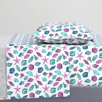 shells fabric // nautical summer shell design beach summer blue watercolor  fabric - mint purple