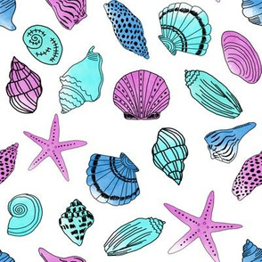 shells fabric // nautical summer shell design beach summer blue watercolor  fabric - mint purple