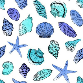 shells fabric // nautical summer shell design beach summer blue watercolor  fabric - blue turquoise