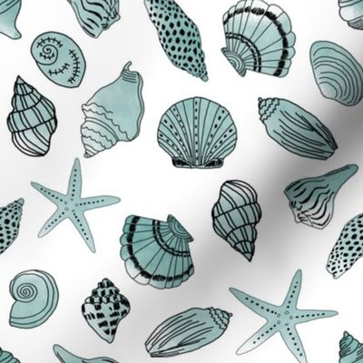 shells fabric // nautical summer shell design beach summer blue watercolor  fabric - mint