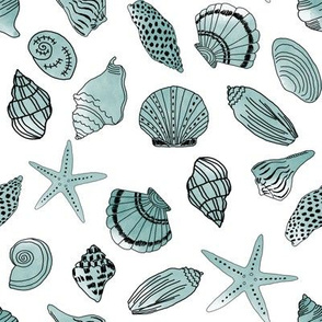 shells fabric // nautical summer shell design beach summer blue watercolor  fabric - mint