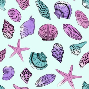 shells fabric // nautical summer shell design beach summer blue watercolor  fabric - purple