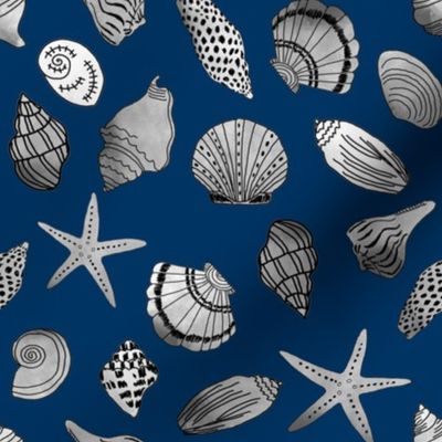 shells fabric // nautical summer shell design beach summer blue watercolor  fabric - navy