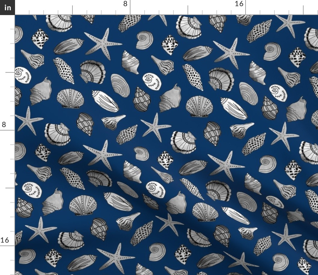 shells fabric // nautical summer shell design beach summer blue watercolor  fabric - navy