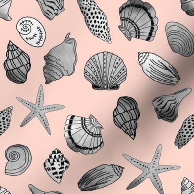 shells fabric // nautical summer shell design beach summer blue watercolor  fabric - blush and grey