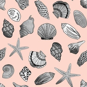 shells fabric // nautical summer shell design beach summer blue watercolor  fabric - blush and grey