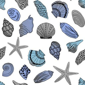 shells fabric // nautical summer shell design beach summer blue watercolor  fabric - white