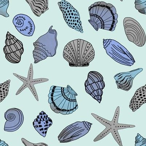 shells fabric // nautical summer shell design beach summer blue watercolor  fabric - mint