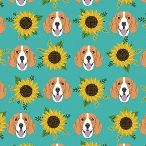 beagle sunflower fabric floral dogs design sunflowers fabric - turquoise