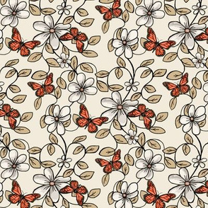 Floral "Flowers & Flutters" / Vines & Butterflies 2 Orange-Tan 