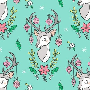 Christmas Deer Head with Ornaments & Floral on Mint Green