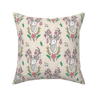 Christmas Deer Head with Ornaments & Floral on  Sand White