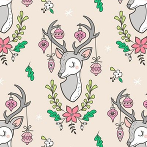 Christmas Deer Head with Ornaments & Floral on  Sand White