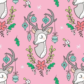 Christmas Deer Head with Ornaments & Floral on Pink