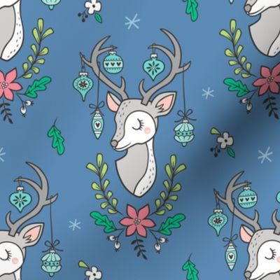 Christmas Deer Head with Ornaments & Floral on Dark Blue Navy
