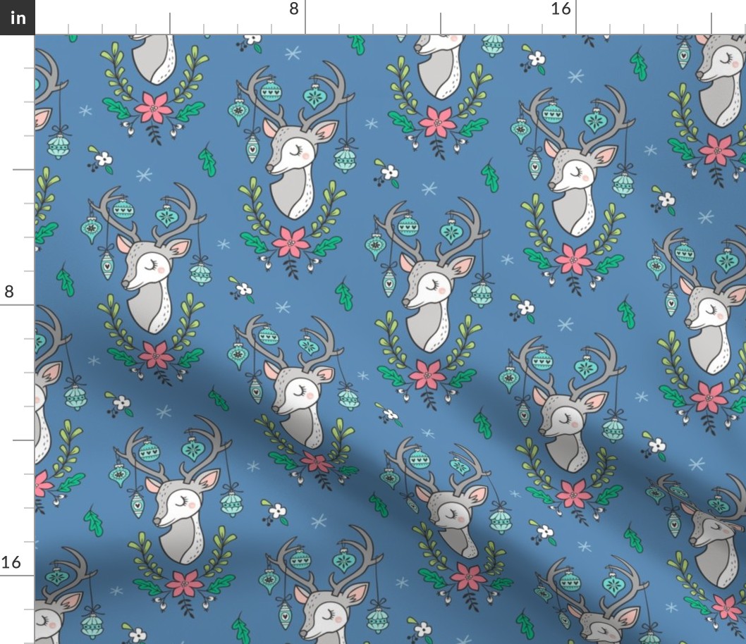 Christmas Deer Head with Ornaments & Floral on Dark Blue Navy