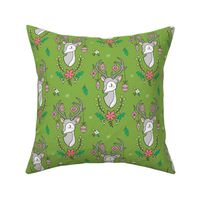 Christmas Deer Head with Ornaments & Floral on Green