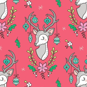 Christmas Deer Head with Ornaments & Floral on Red