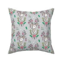 Christmas Deer Head with Ornaments & Floral on Light Grey