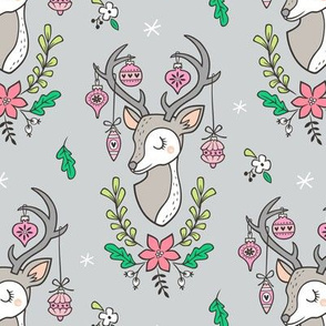 Christmas Deer Head with Ornaments & Floral on Light Grey