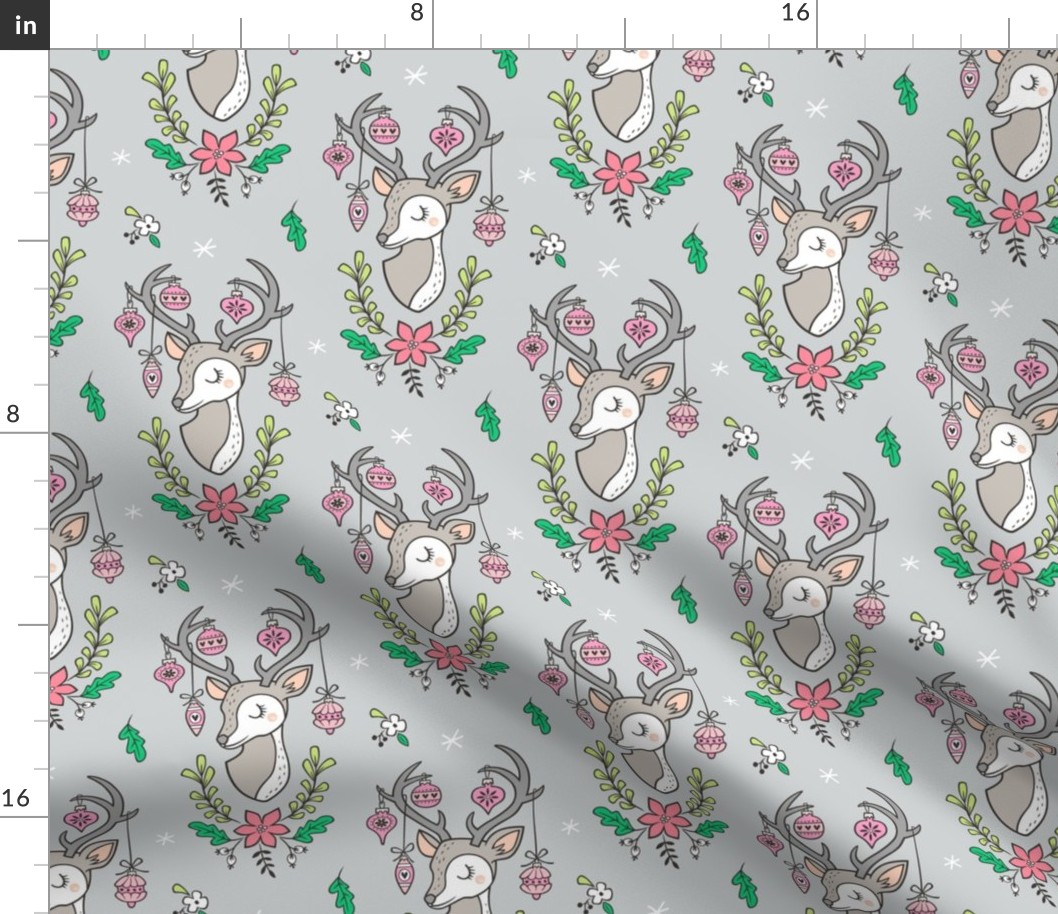 Christmas Deer Head with Ornaments & Floral on Light Grey